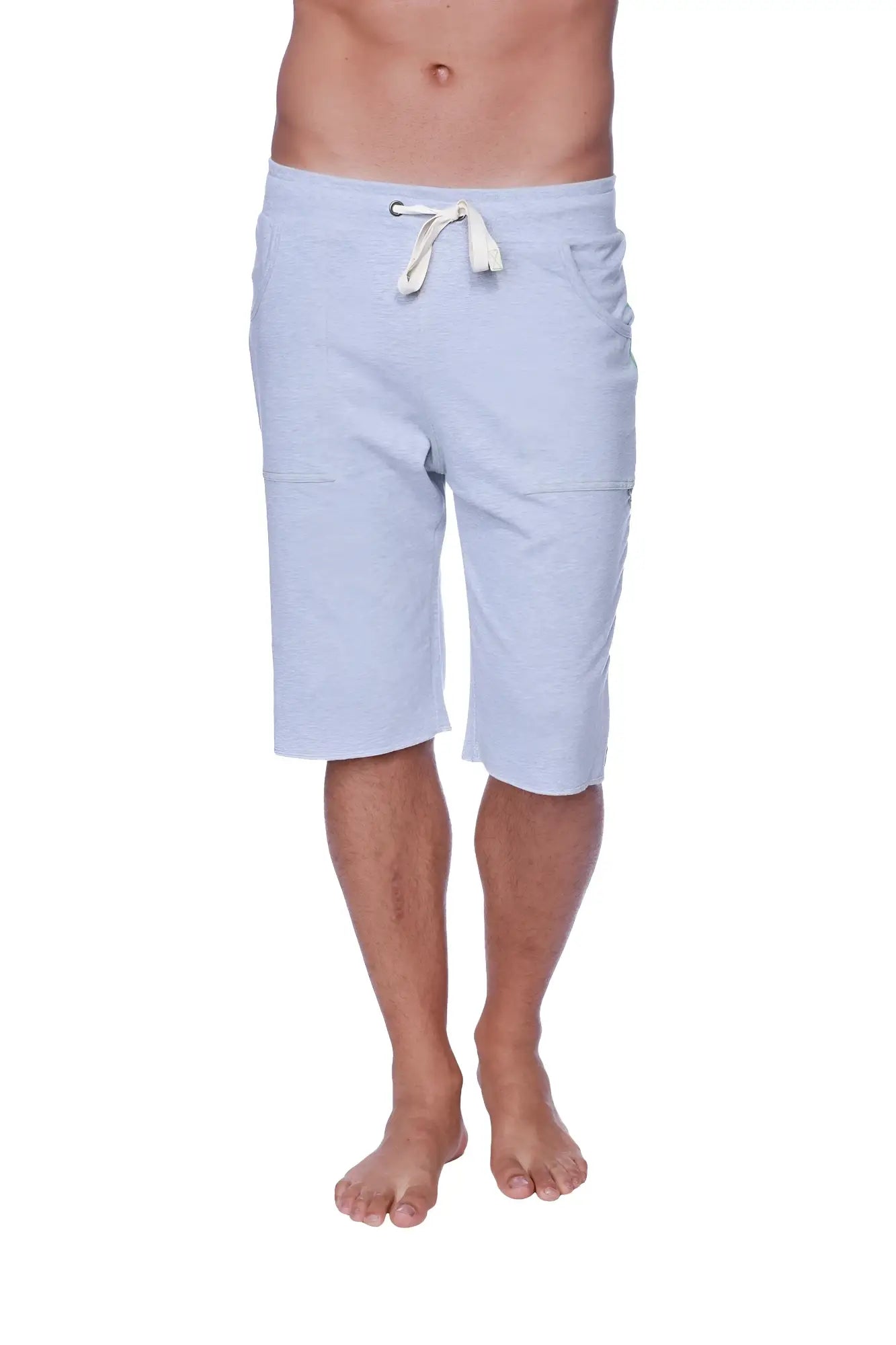 Eco-track short heather grey with green is a light blue heathered cotton short with white drawstring and side pockets