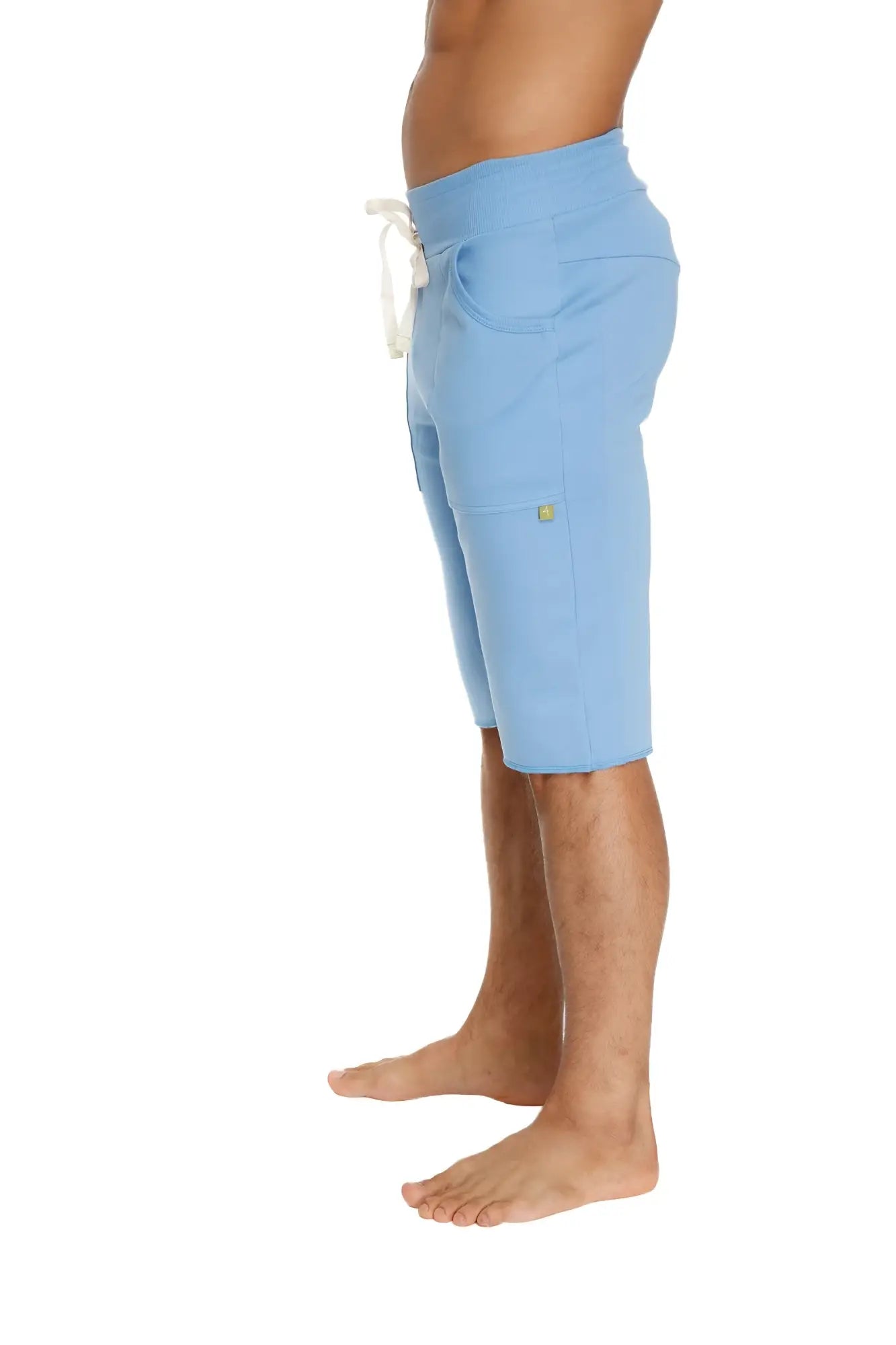 Eco-track short in ice blue with soft texture white drawstring and subtle side pockets for comfortable wear
