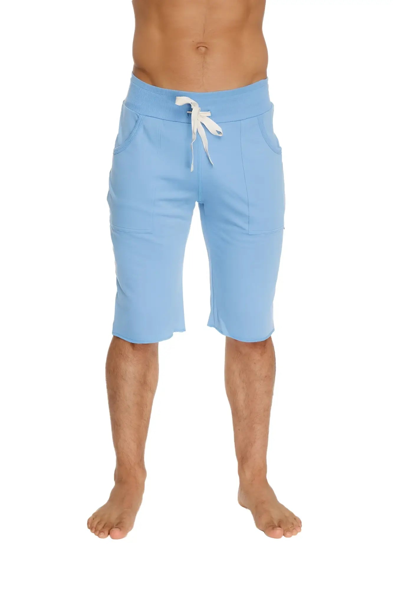 Eco-track short in ice blue features soft textured fabric with a white drawstring waistband and two front pockets