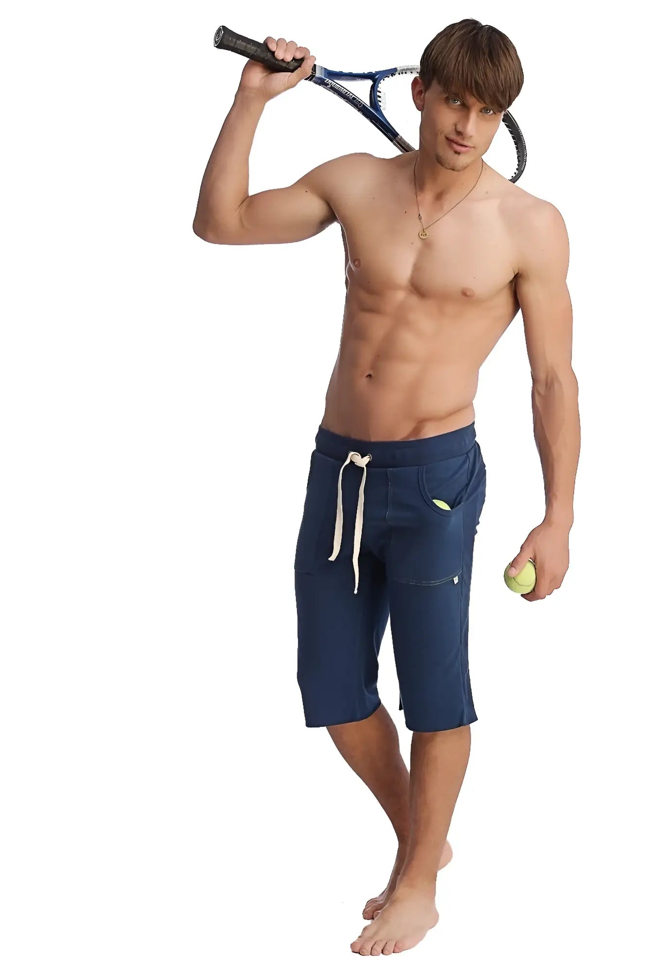 Eco-track short royal blue navy athletic shorts with white drawstrings and a green logo on the side pocket