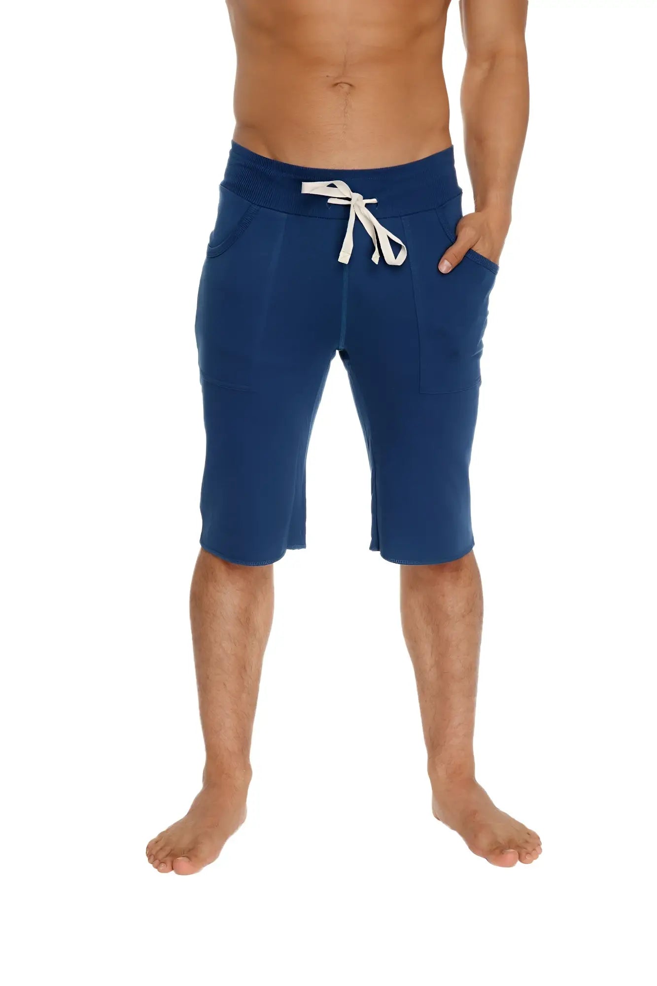 Navy blue eco-track shorts made of cotton with white drawstring waistband and side pockets for casual wear