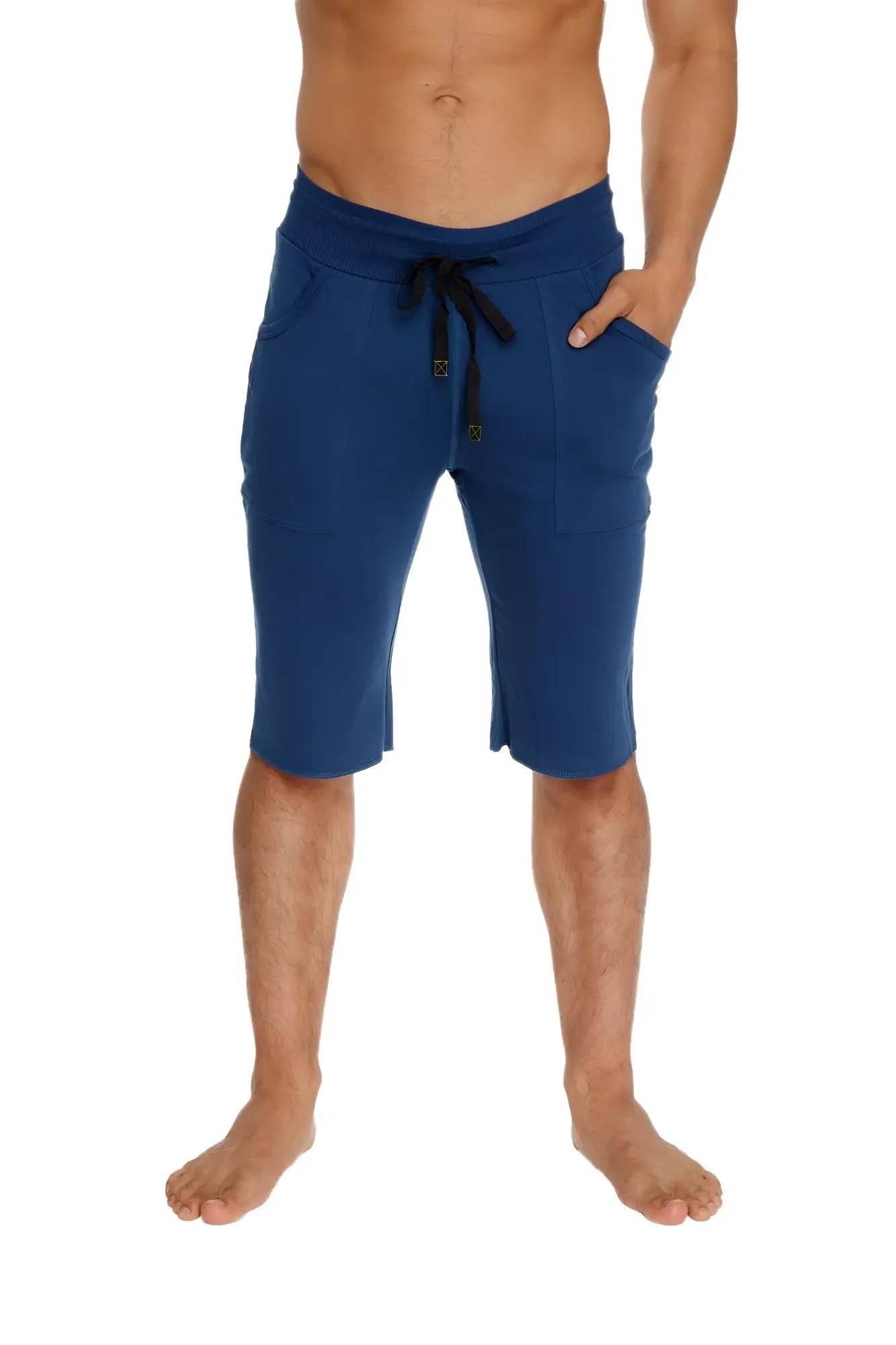 Navy blue eco-track shorts with black drawstrings side pockets and relaxed fit made from eco-friendly fabric