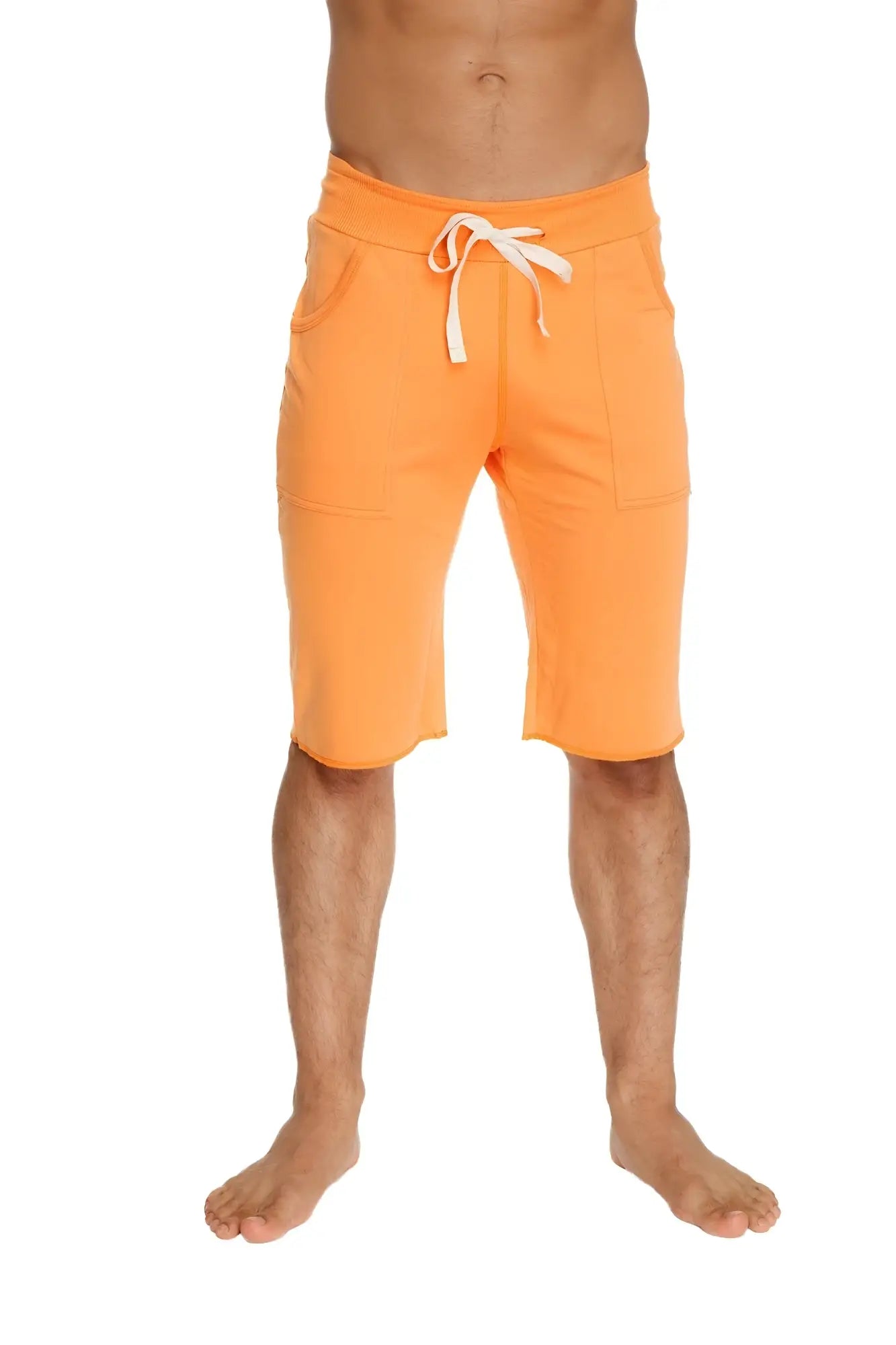 Eco-Track short bright orange athletic shorts with white drawstring waistband and two front pockets