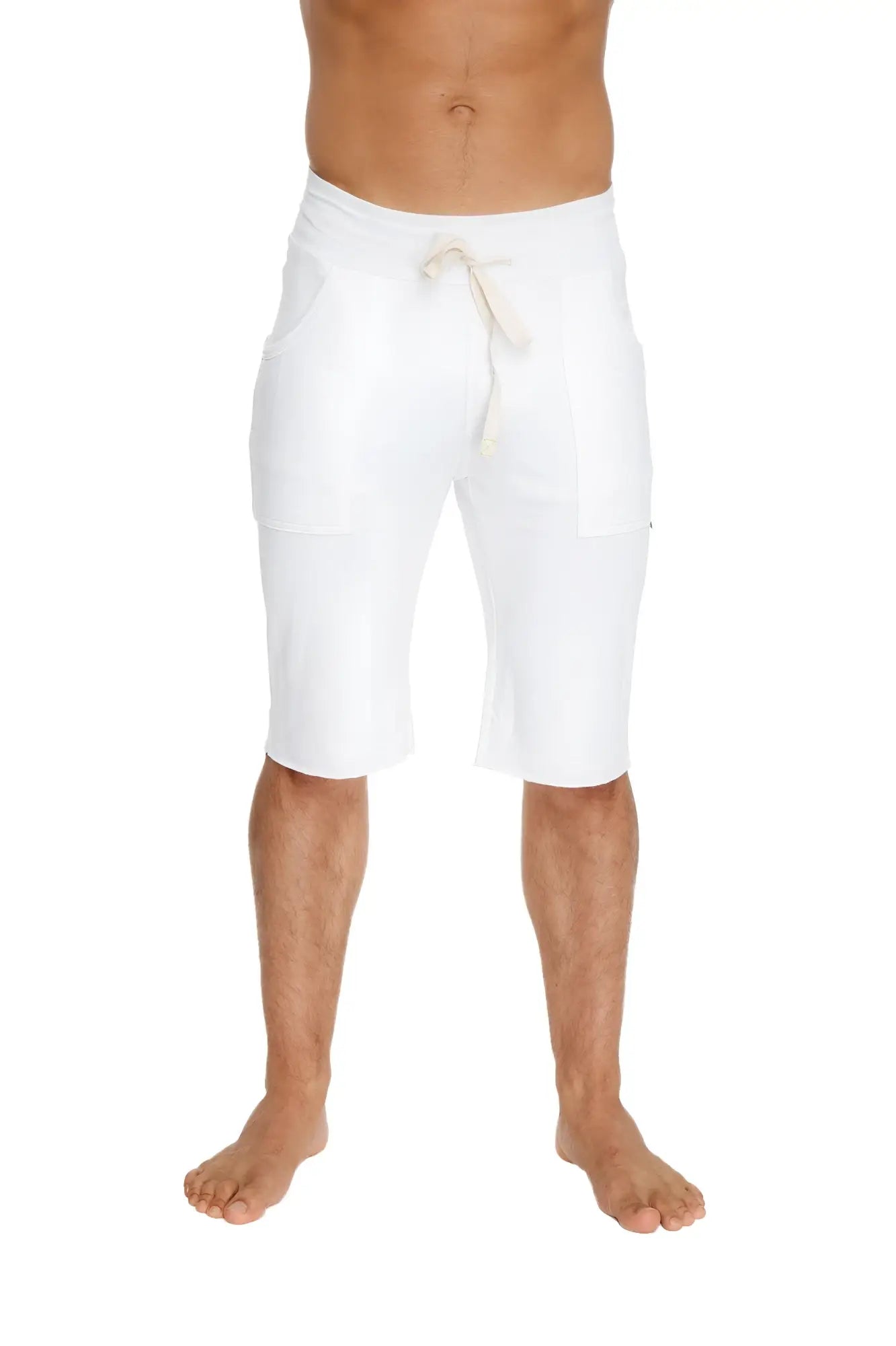 White eco-track shorts with relaxed fit drawstring waist and two side pockets designed for casual wear