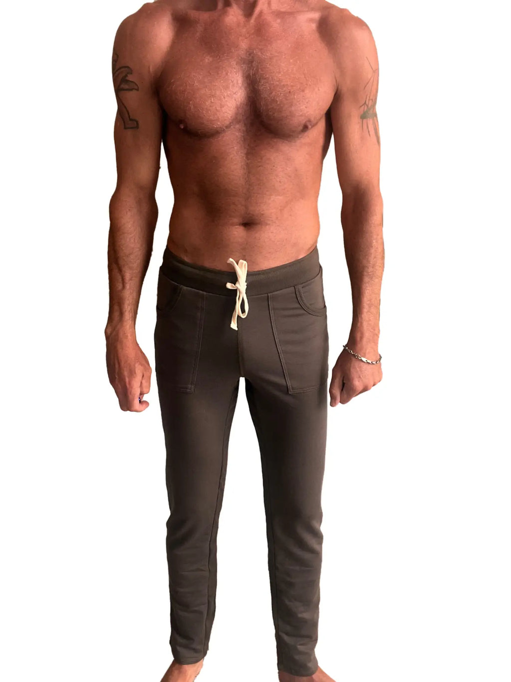 Dark olive eco-track and yoga sweat pant with drawstring waist and front pockets for comfort and style