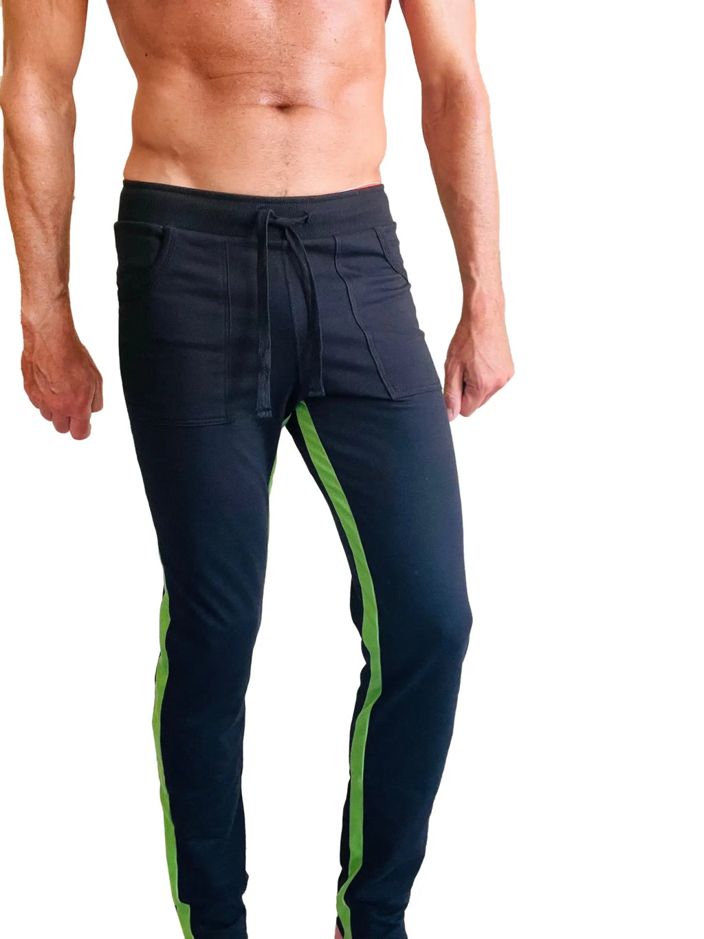 Eco-track and yoga sweat pant black with bamboo green vibrant side stripes and drawstring waistband for athletic use