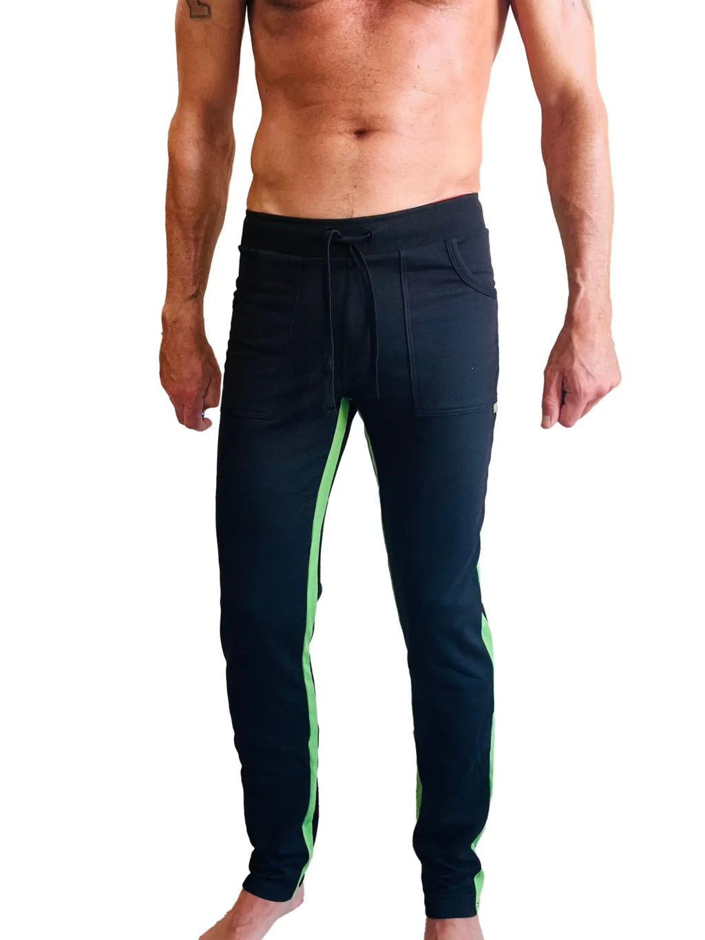 Eco-track and yoga sweat pant in black with bamboo green neon side stripes and drawstring waistband made from soft fabric
