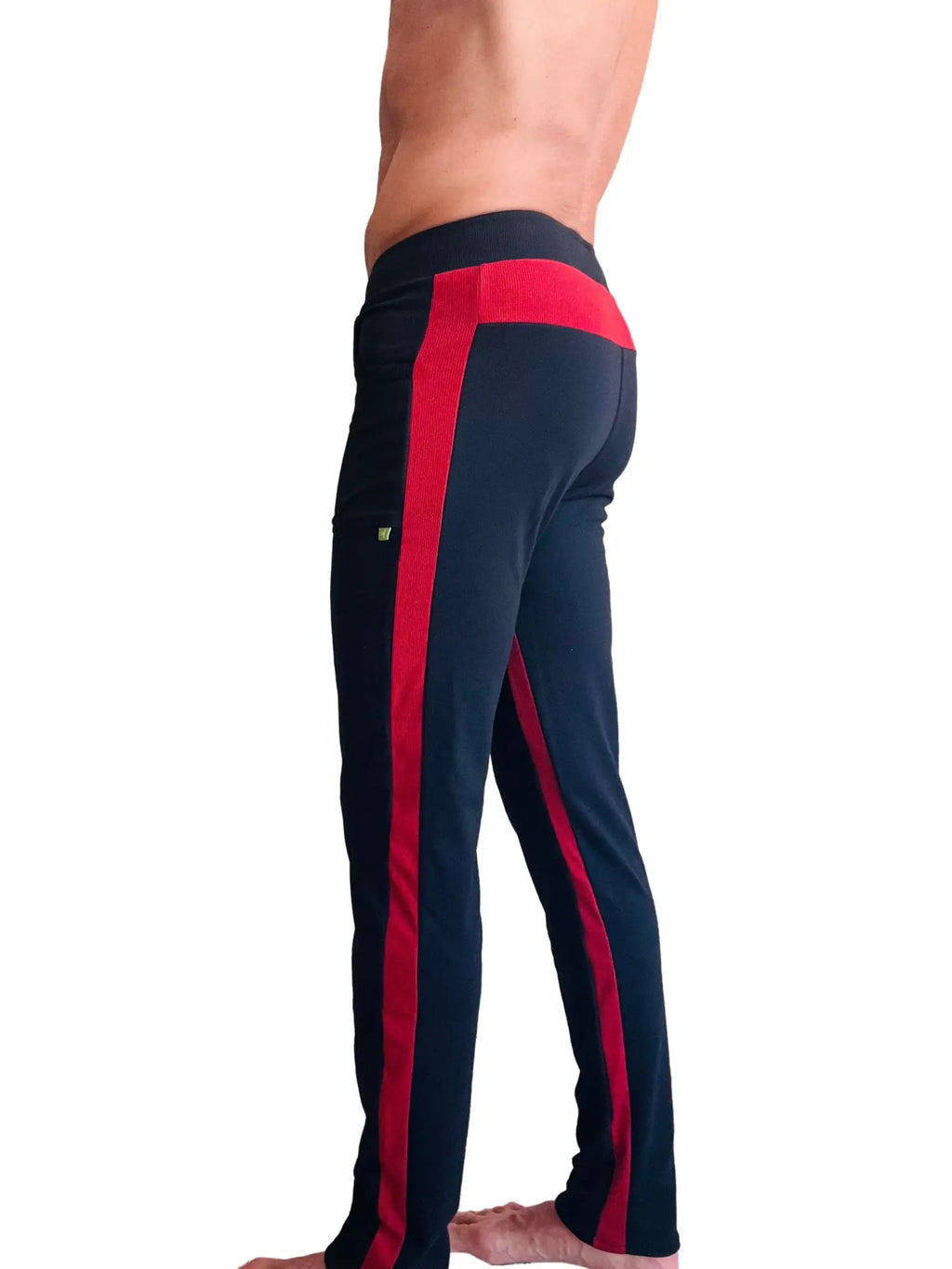 Eco-Track & Yoga sweat pant in black with bold cinnabar side stripes and matching waistband for athletic wear