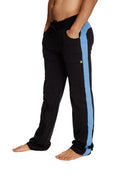 Black eco-track and yoga sweat pants with light blue side stripe drawstring waist and elastic cuffs