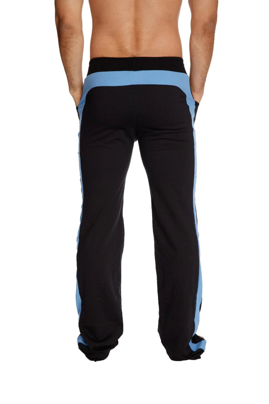 Eco-track and yoga sweat pant in black with ice blue side stripes and waistband for athletic wear