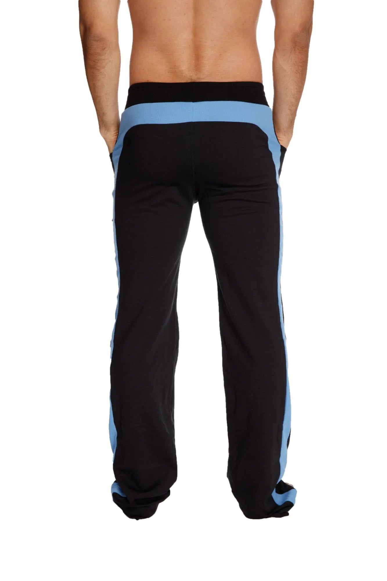 Eco-track and yoga sweat pant in black with ice blue side stripes and waistband for athletic wear