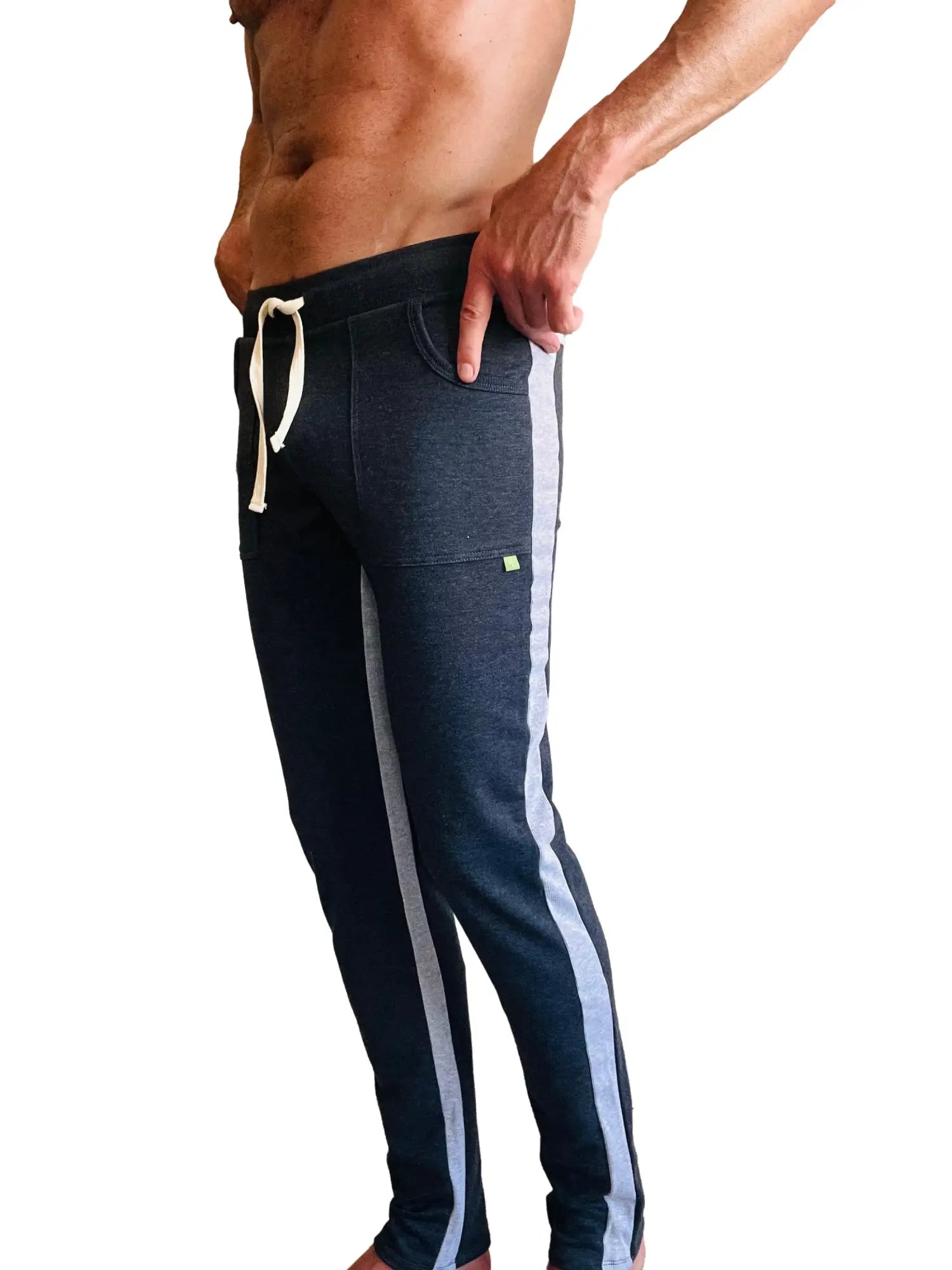Eco-track and yoga sweat pant in charcoal with grey side stripes and cream drawstrings made of soft fabric