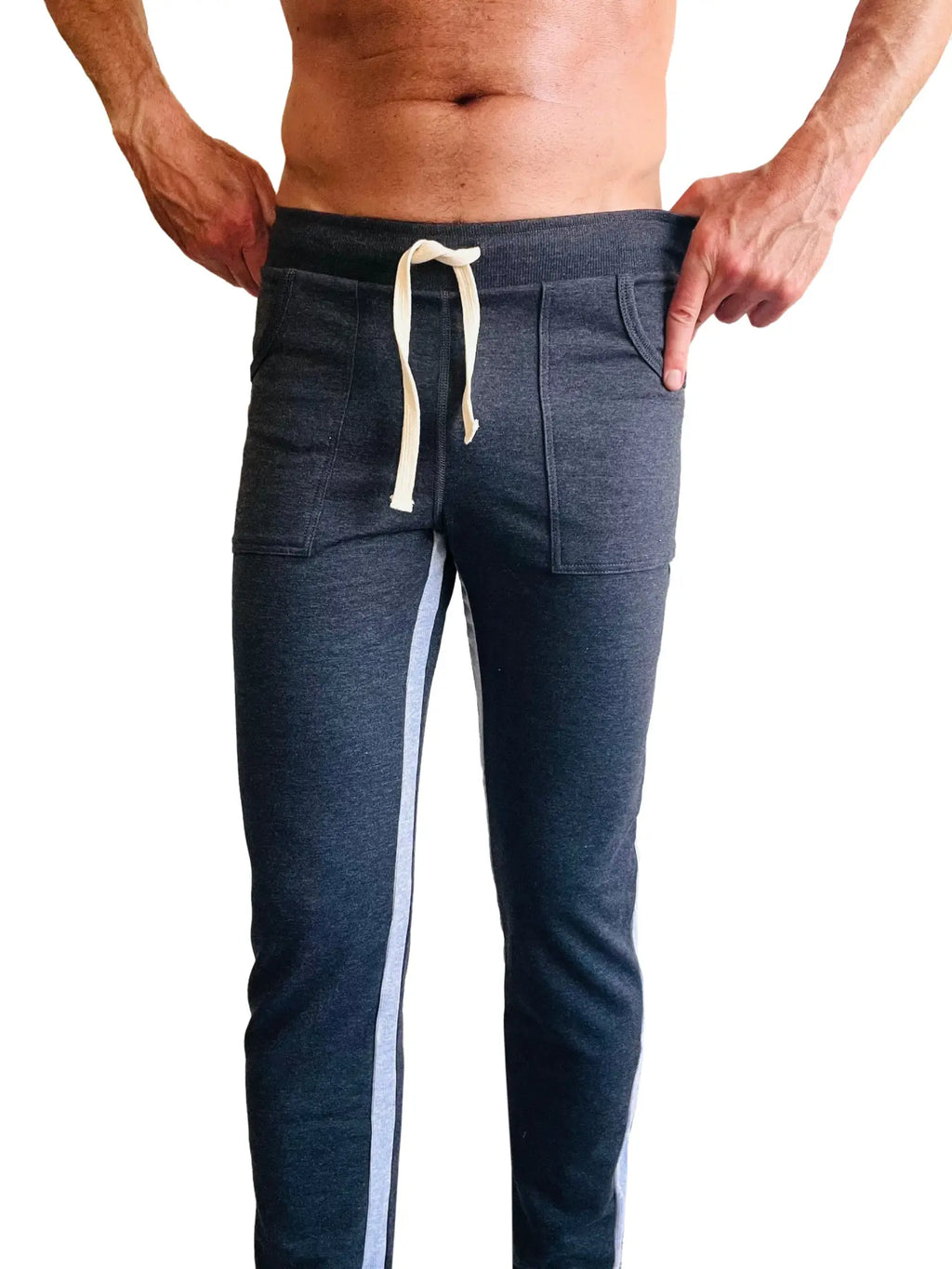 Eco-track and yoga sweat pant in dark heather gray with light blue side stripes and cream drawstring for comfort