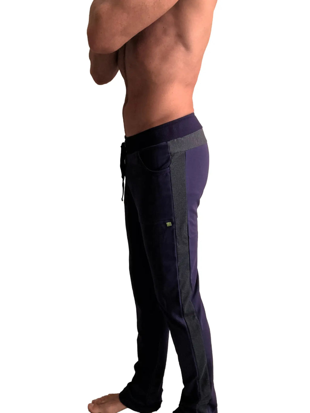 Eco-track & yoga sweat pant in navy blue and black with drawstring waistband side pockets and subtle thigh branding