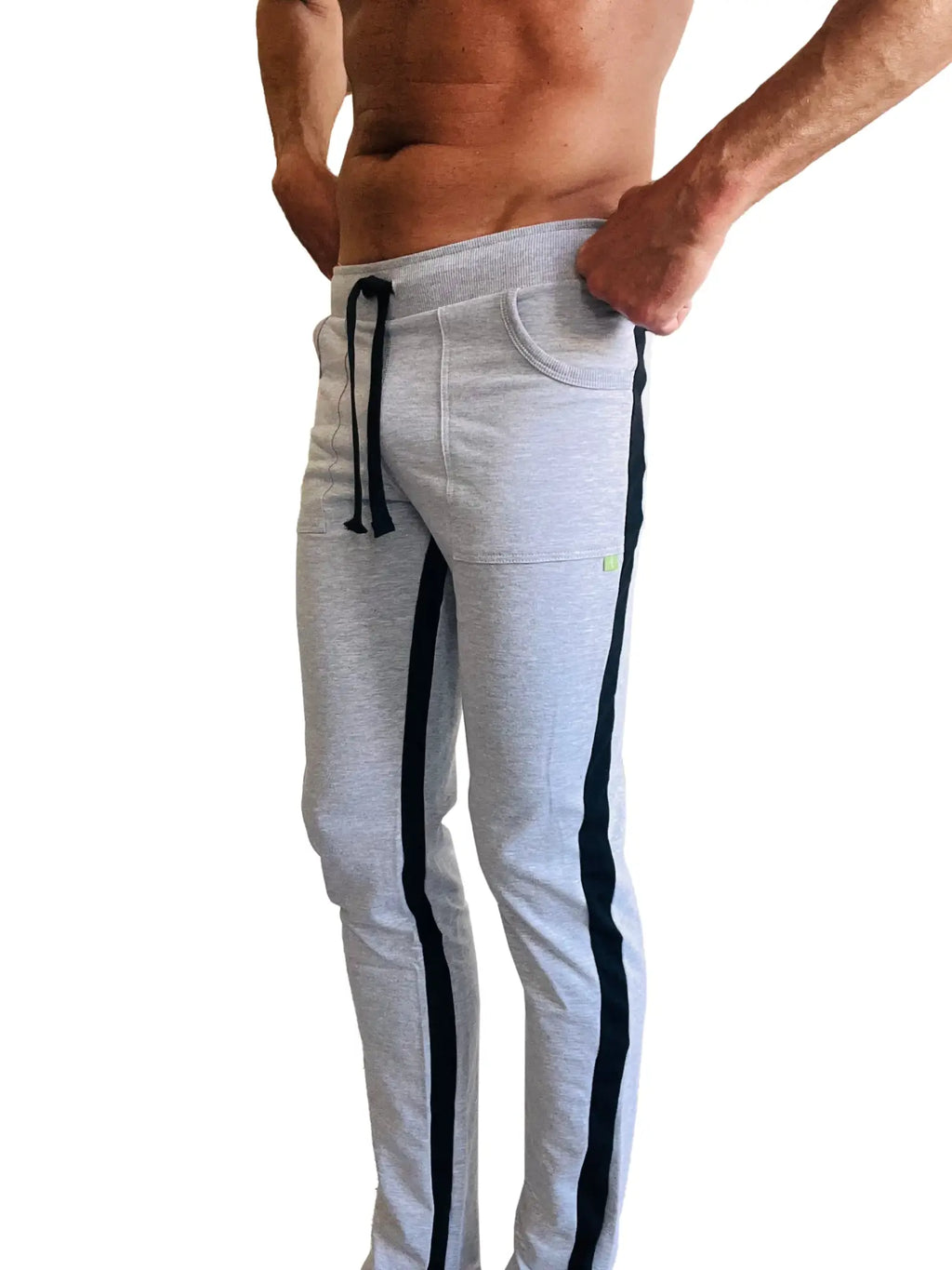 Gray eco-track and yoga sweatpants with black side stripes and matching drawstring waistband in heather grey