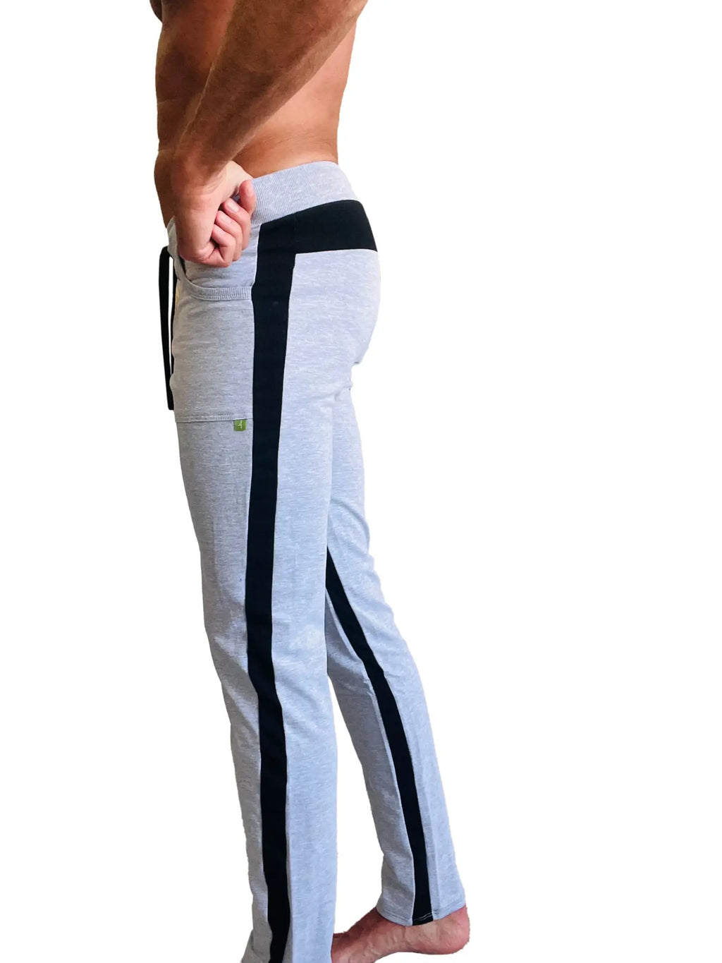 Eco-track and yoga sweat pant in heather grey with black side stripes and matching black waistband for athletic wear