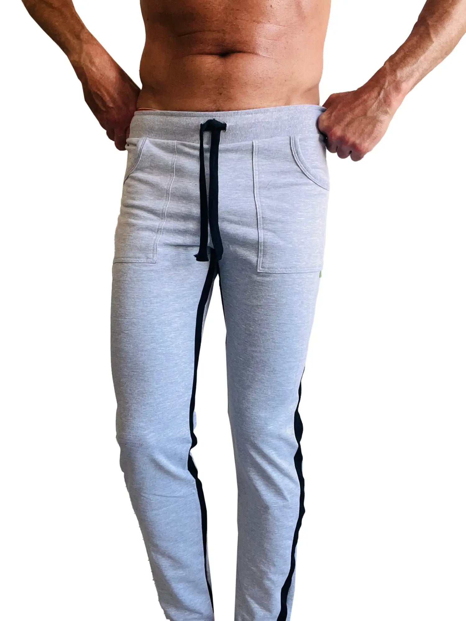 Eco-track and yoga sweat pant heather grey with black side stripes and matching drawstring waistband in light gray