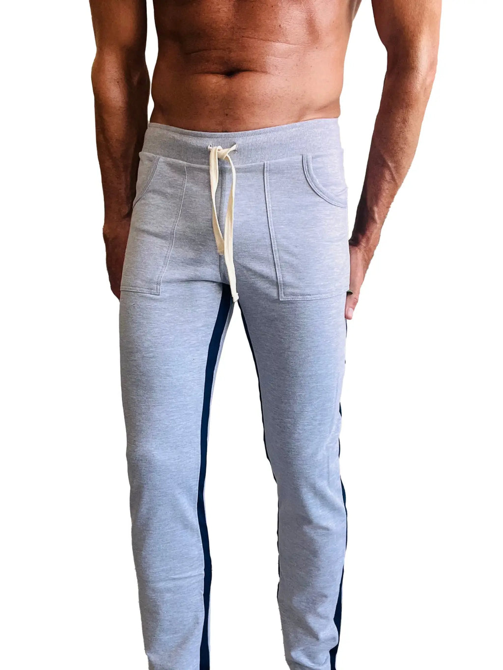 Eco-track and yoga sweat pant heather grey with navy side stripes and cream drawstring in light gray heathered fabric