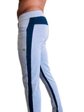 Eco-track and yoga sweat pant in heather grey with navy blue ribbed side stripe and waistband in light gray fabric