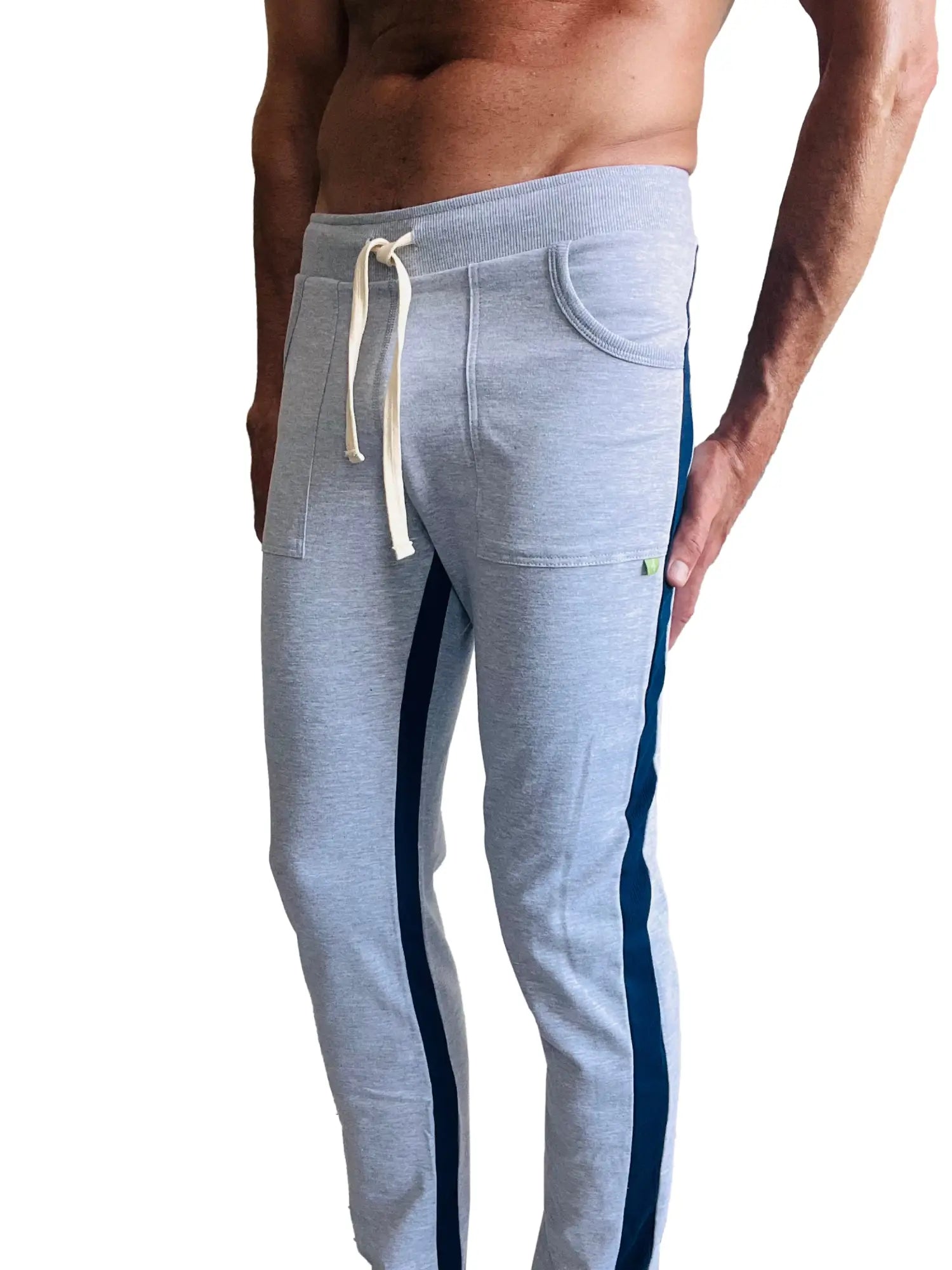 Eco-track and yoga sweat pant heather grey with navy side stripes and cream drawstrings in light gray heathered fabric