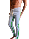 Gray heather eco-track and yoga sweat pant with green side stripes and white drawstring waistband in athletic jogger style