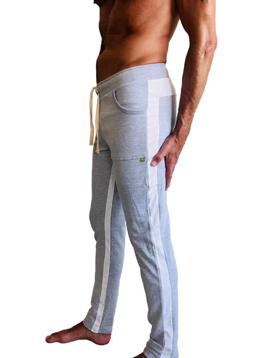 Eco-track and yoga sweat pant in heather grey cotton blend with white side stripes and matching drawstring waistband