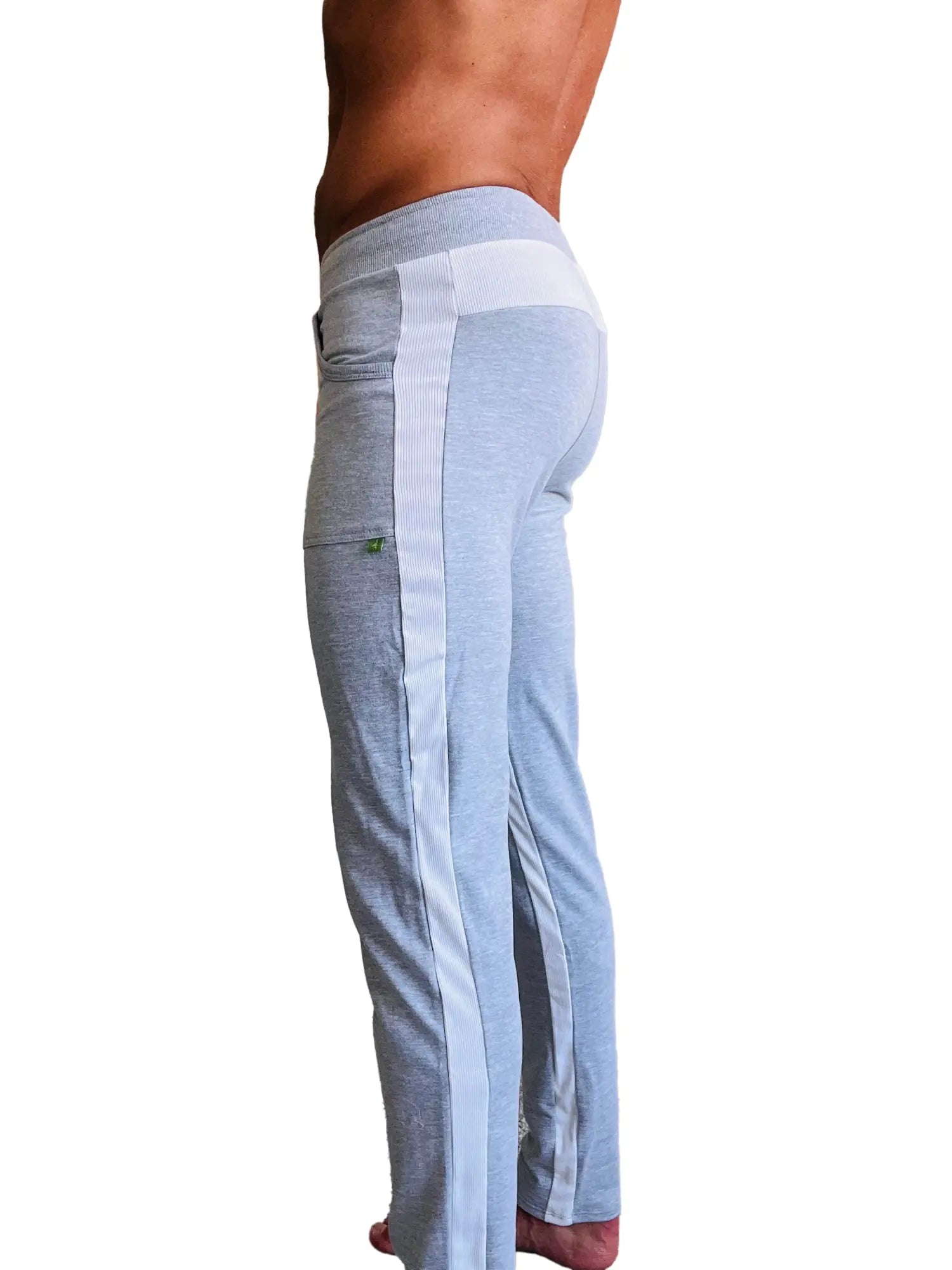 Light gray heather eco-track and yoga sweat pants with white side stripe and matching elastic waistband
