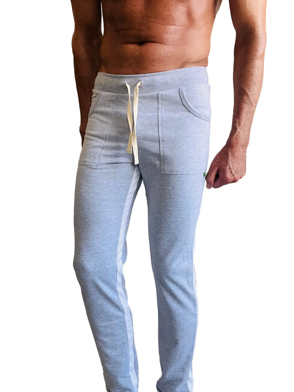 Eco-track and yoga sweat pant in heather grey with white side stripes and cream-colored drawstring joggers