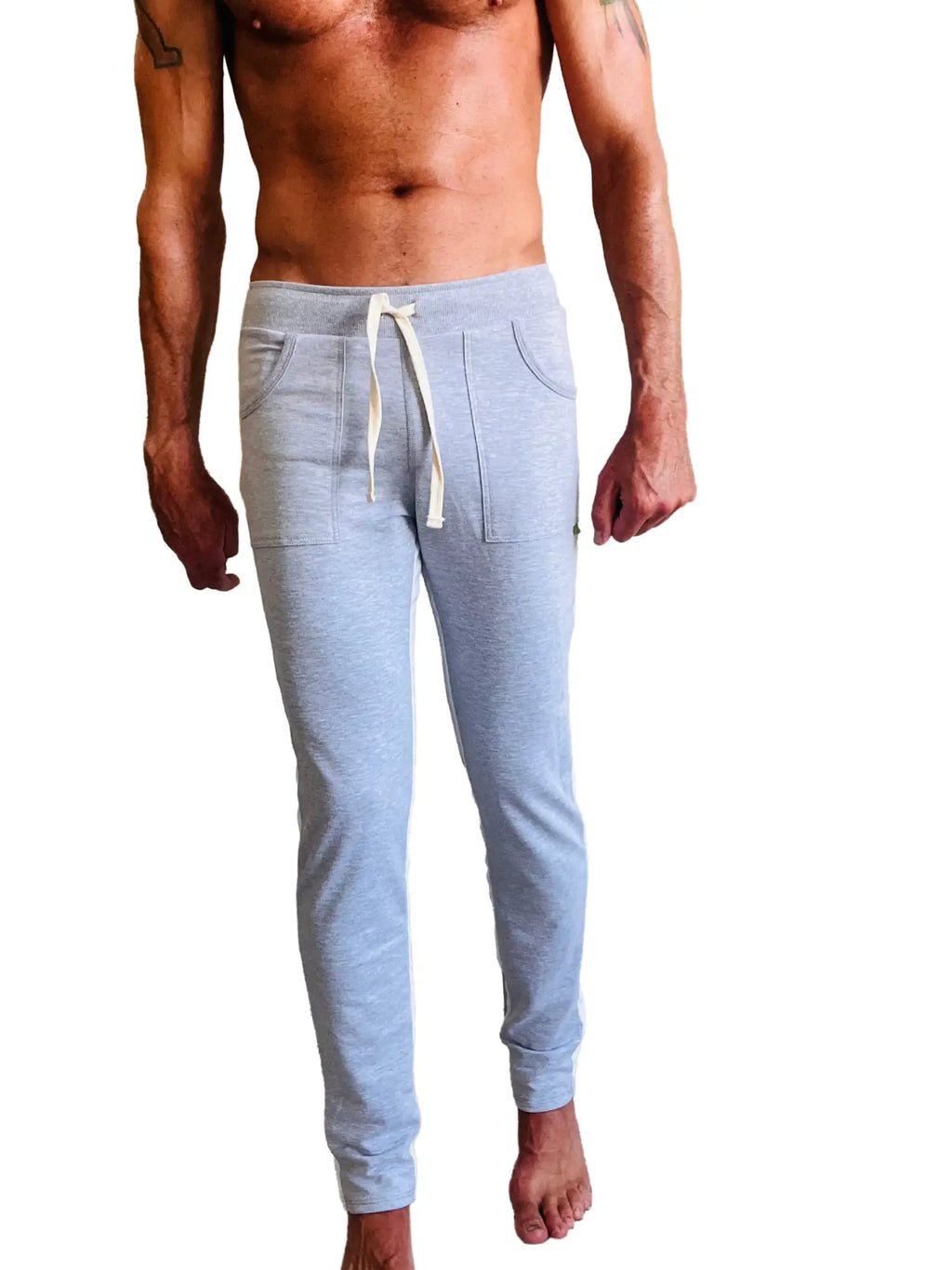 Eco track and yoga sweat pant heather grey with white drawstring and side pockets made of light gray heathered fabric