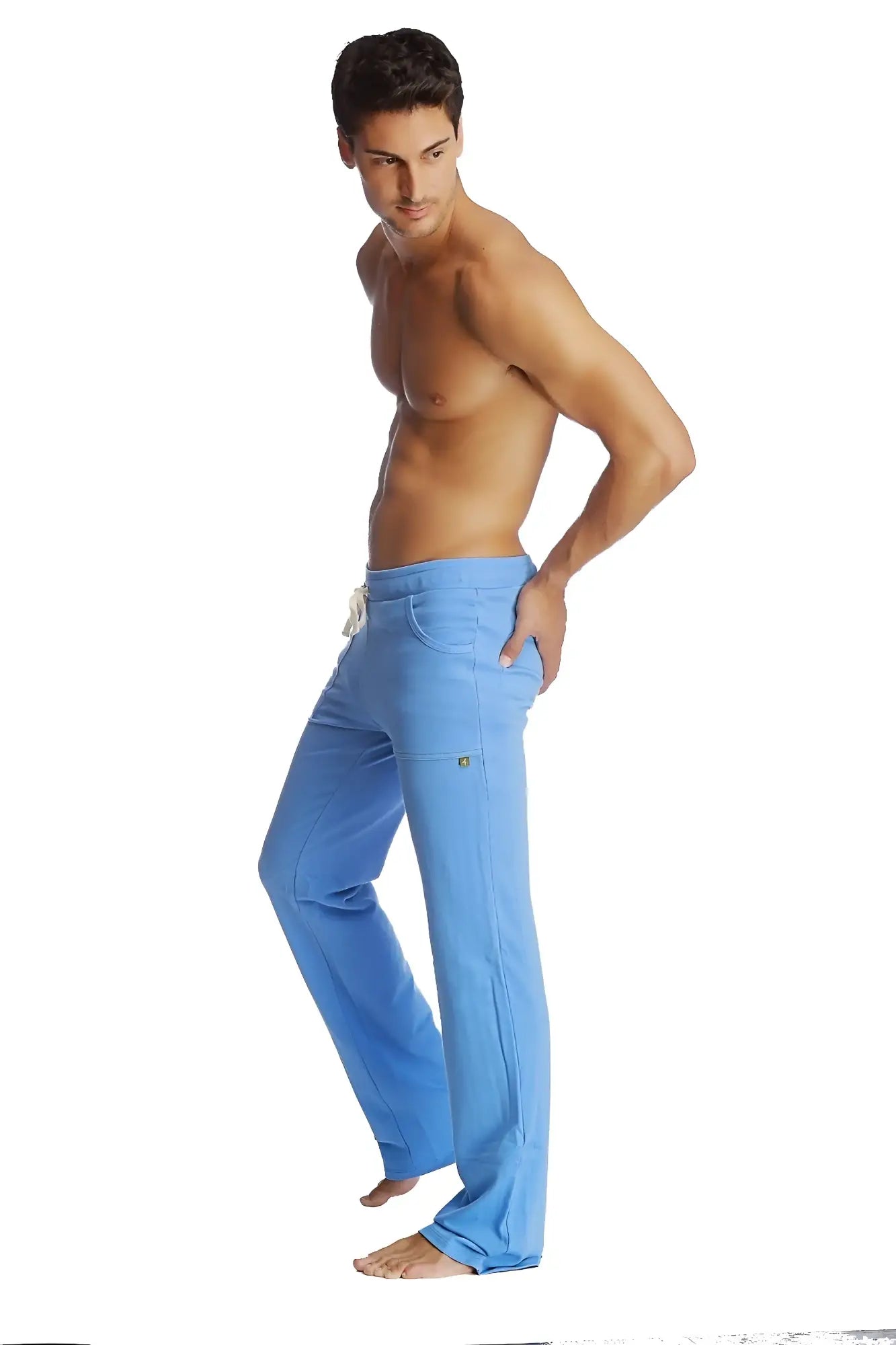 Eco-track and yoga sweat pant in ice blue with loose fit drawstring waist and side pockets for comfortable wear