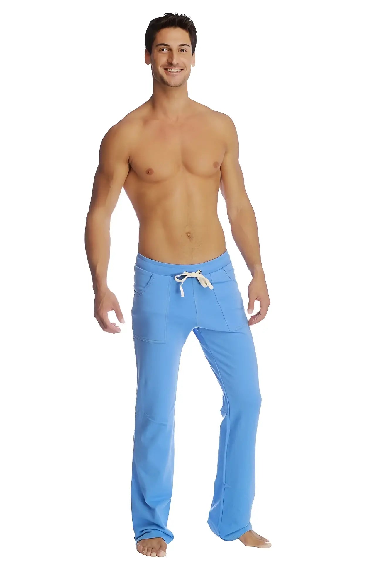 Light blue eco-track and yoga sweat pants made of soft fabric with a white drawstring waistband for yoga use