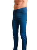 Eco-track yoga sweat pant in royal blue with black side stripes and drawstring waistband, ideal for athletic use