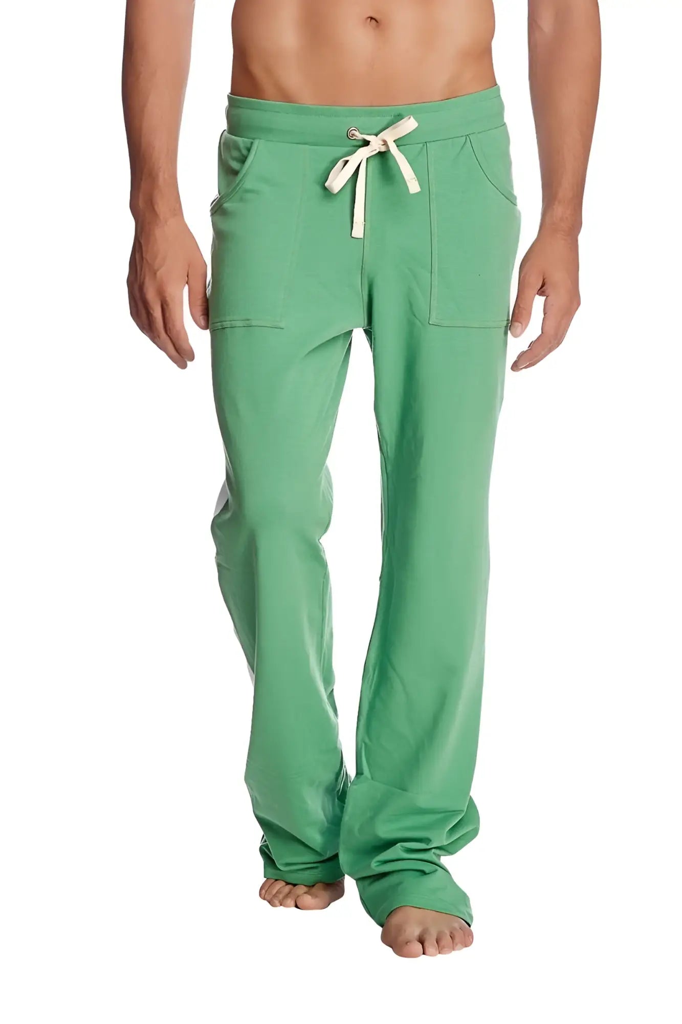 Eco-track and yoga sweat pant in solid bamboo green with green drawstring, two front pockets, and relaxed fit