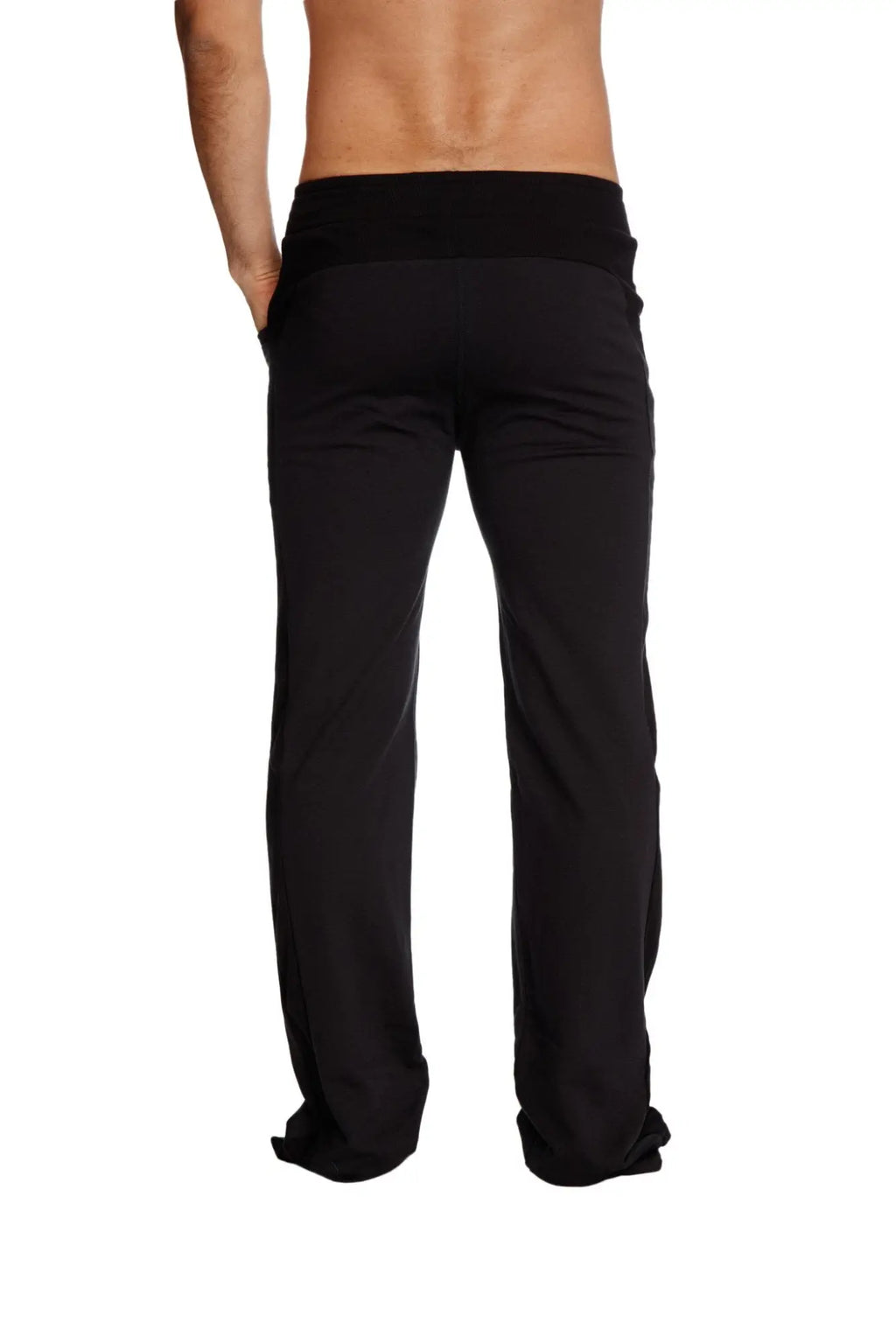 Black eco track and yoga sweat pant with wide elastic waistband and tapered legs for comfortable movement