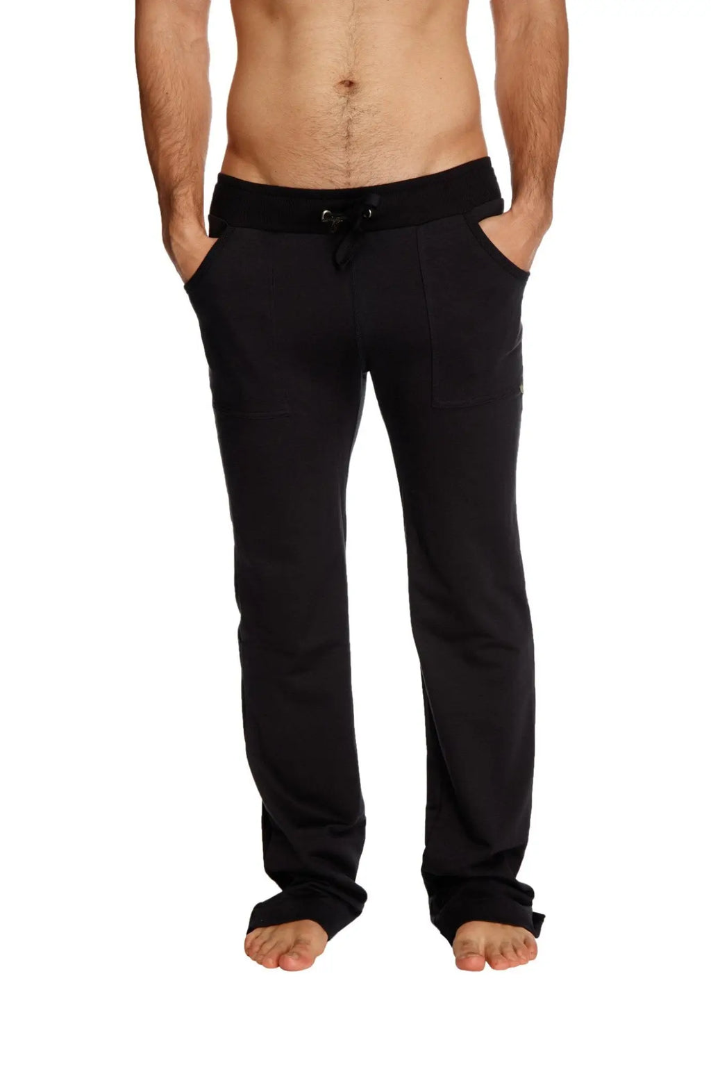 Black eco-track and yoga sweatpants with a relaxed fit drawstring waist and side pockets for comfort and style