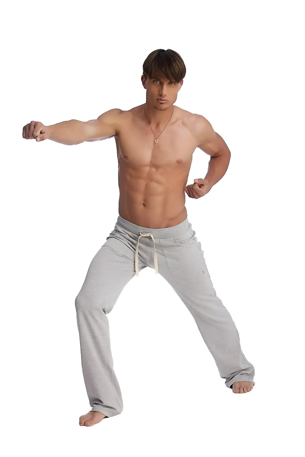 Gray solid heather eco-track and yoga sweat pant with drawstring waistband made from breathable athletic fabric