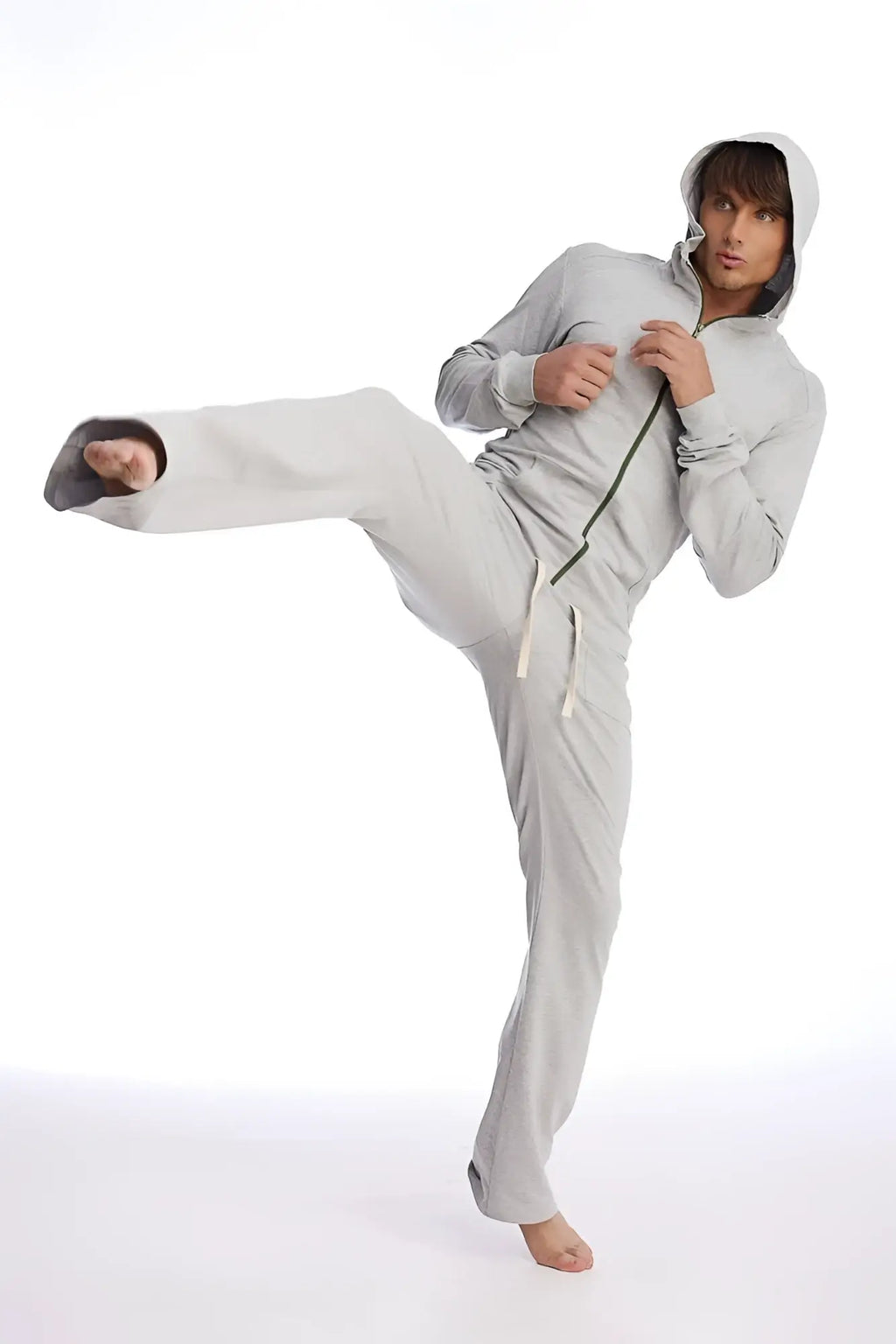 Eco-Track & Yoga sweat pant set in solid heather grey with light gray hooded sweatshirt, full-zip front, dark green zipper pull, and white drawstrings