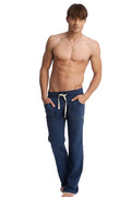 Navy blue cotton eco-track and yoga sweat pant with white drawstring and side pockets for comfortable activewear