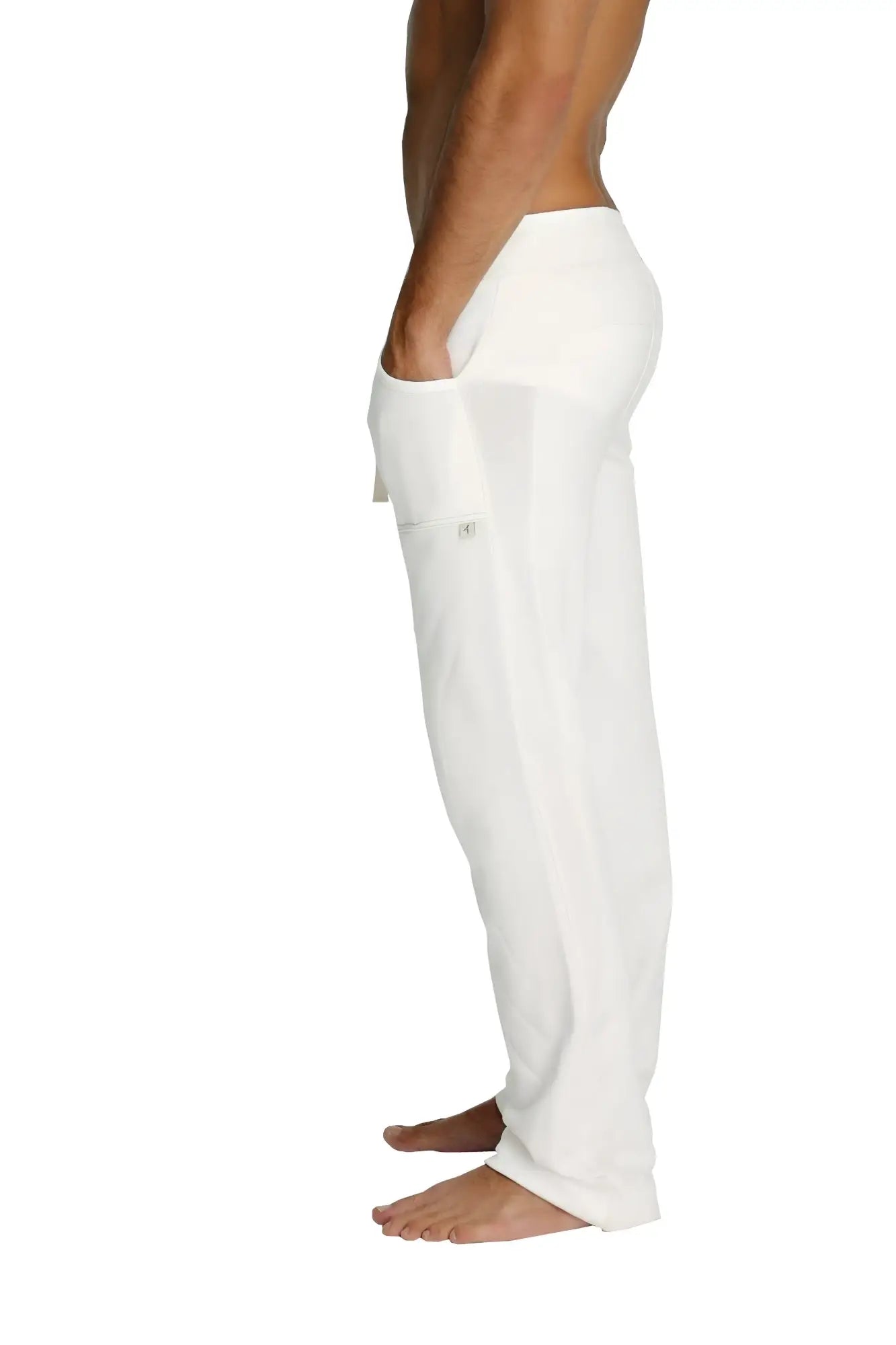 White eco-track and yoga sweat pant with relaxed fit and side pockets made for comfort and movement