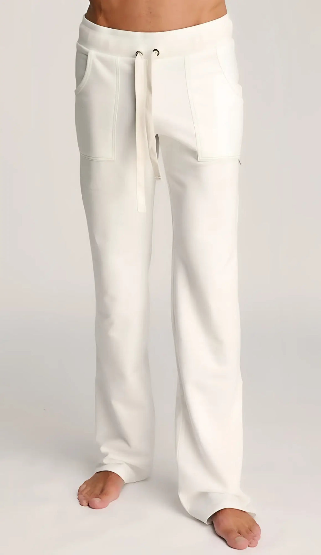 White soft cotton eco-track and yoga sweat pant with drawstring waist and side pockets for comfortable wear