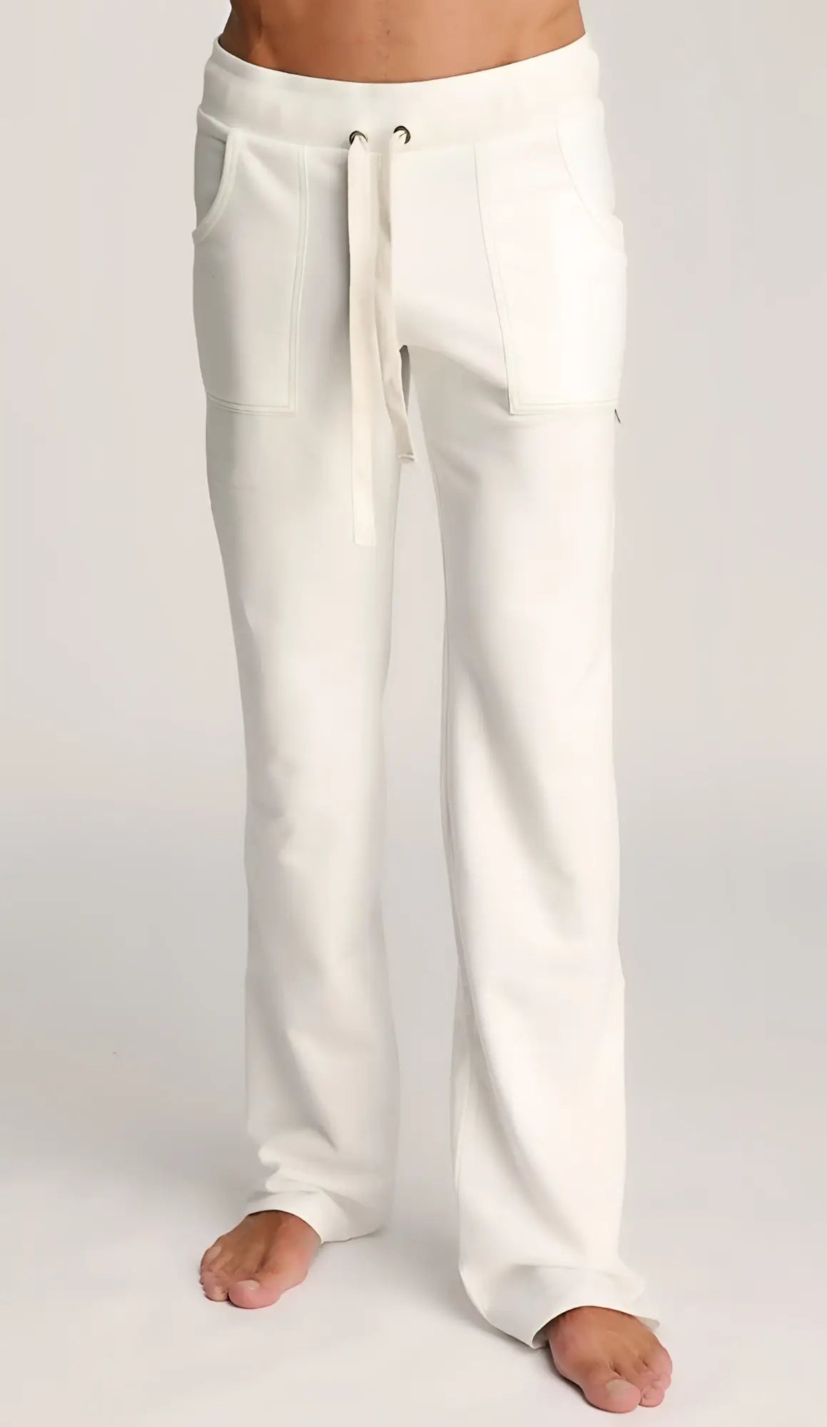 White soft cotton eco-track and yoga sweat pant with drawstring waist and side pockets for comfortable wear