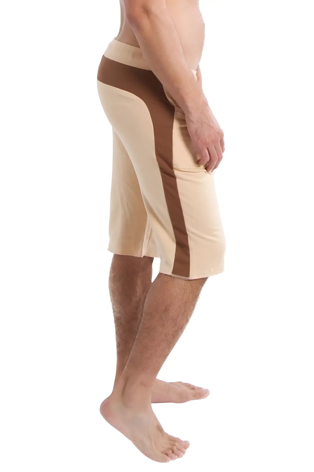 Beige and brown edge eco-track athletic shorts with sleek modern design ideal for running and workouts