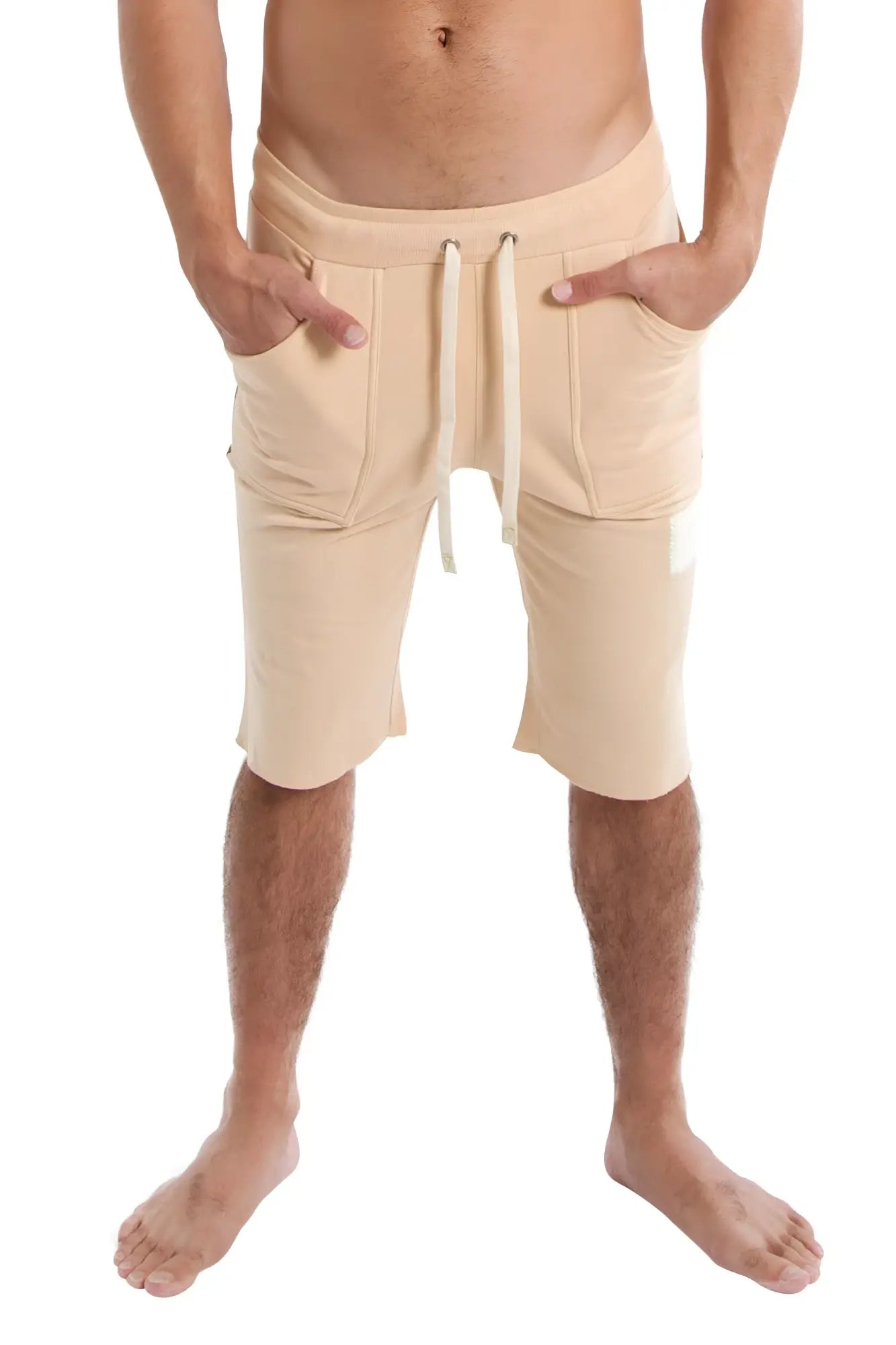 Beige edge eco-track shorts with drawstring waist and side pockets in sand with chocolate for casual wear
