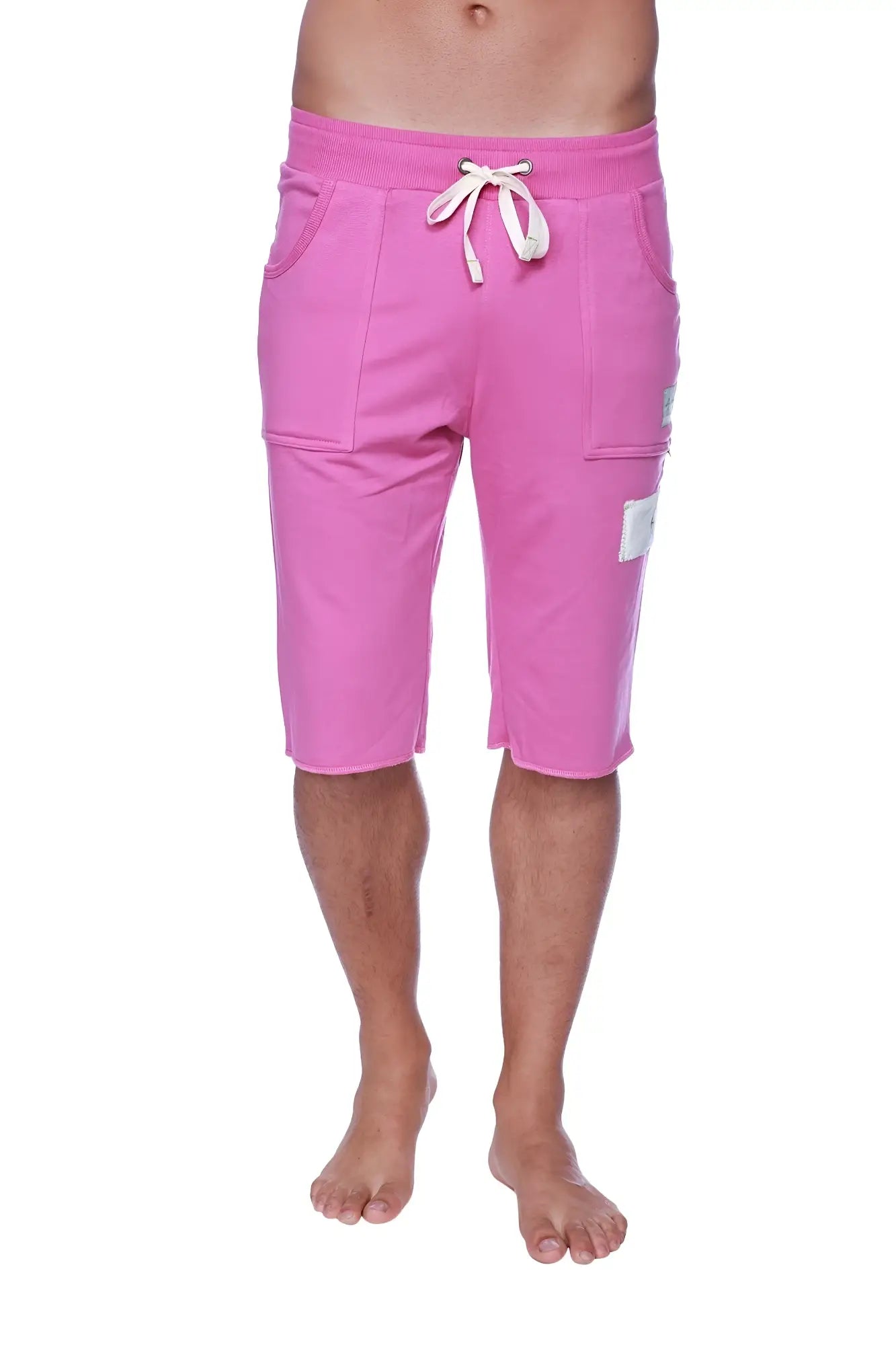 Pink edge eco-track cargo shorts with white drawstring and patch pockets in solid berry fabric