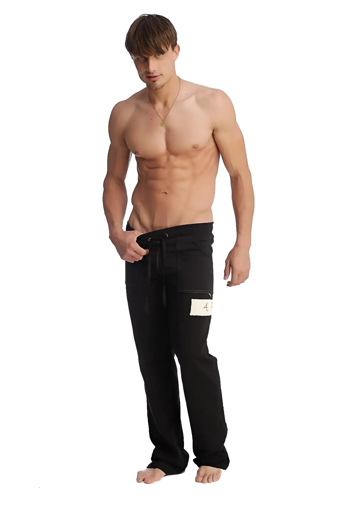 Black edge eco-track and yoga sweatpants with drawstring waist and white label on left thigh