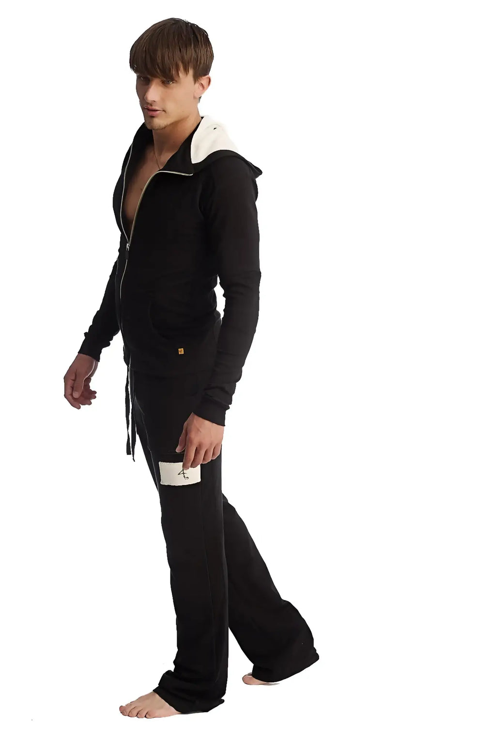 Black edge eco-track and yoga sweat pant set with white-lined hood gold zipper pull and embroidered logo on thigh