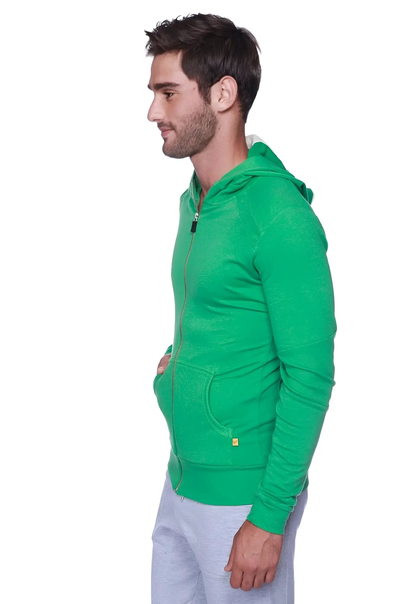 A vibrant green edge form-fit crossover yoga track performance hoodie with soft textured fabric and subtle stitching details