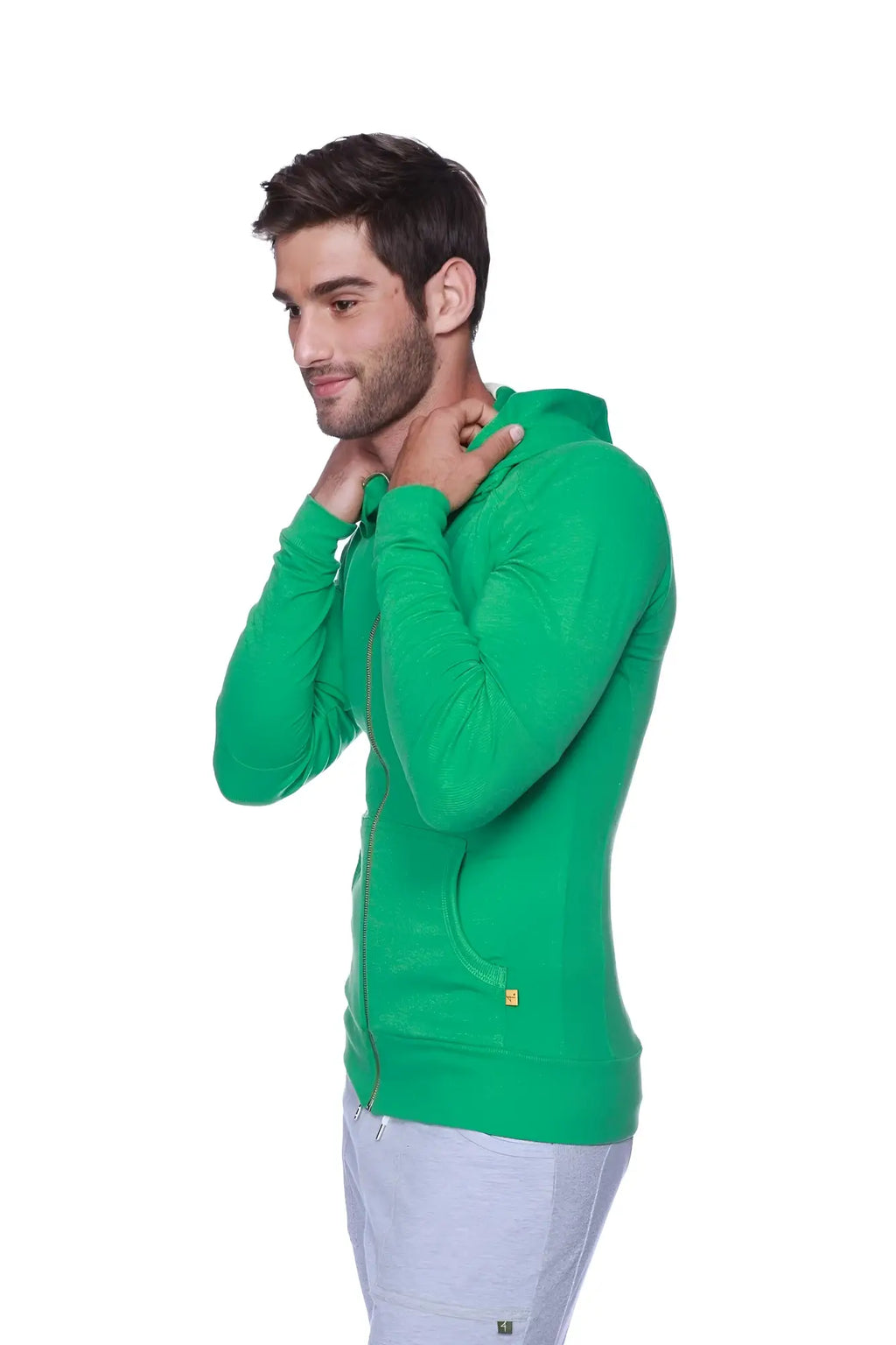 Vibrant bamboo green edge form-fit crossover yoga track hoodie with hood and front pocket for performance wear
