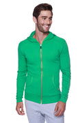 Edge form-fit crossover yoga track performance hoodie in bamboo green with gold zipper and front pockets