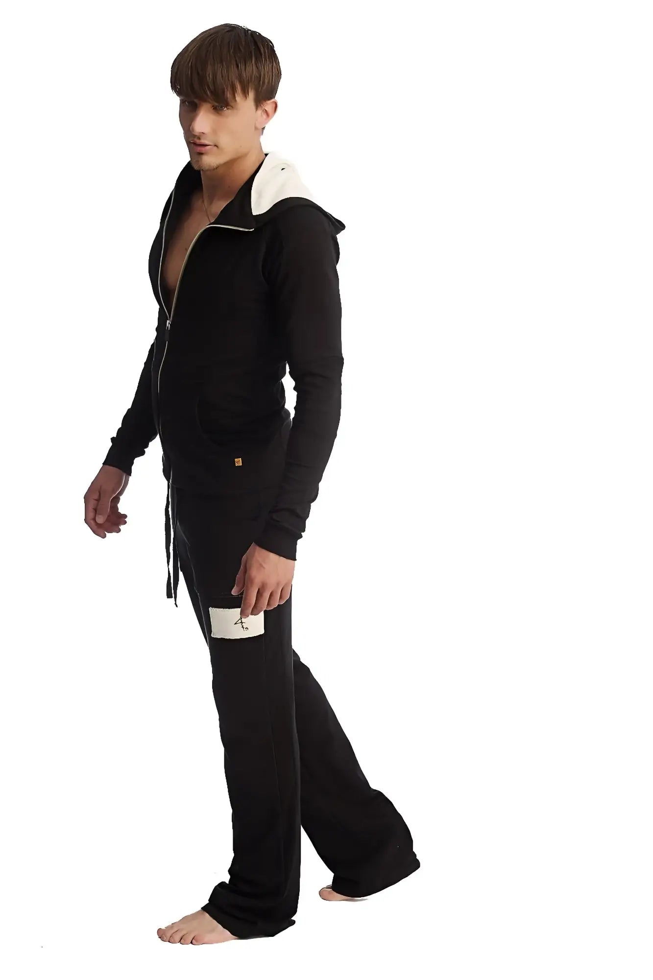 Edge form-fit crossover yoga track performance hoodie black velour with white hood lining and small gold chest logo